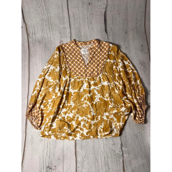 Umgee Tops - Umgee Blouse Womens 2XL Yellow Floral Boho Balloon Sleeve V-Neck Top